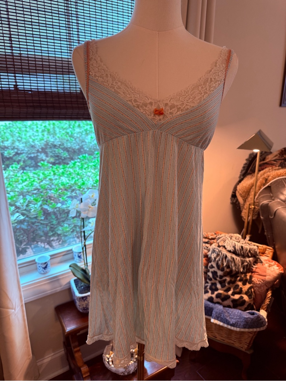 Delicate Light Blue Striped Lace-Trim Slip Dress